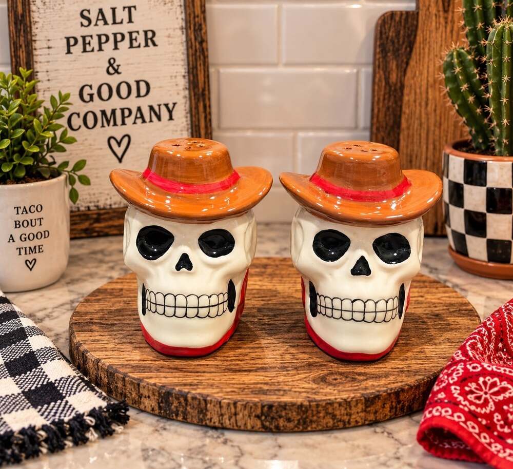 New Holloween Skelton Coyboy Western Smiling Salt & Pepper Shakers Salt N Pepper